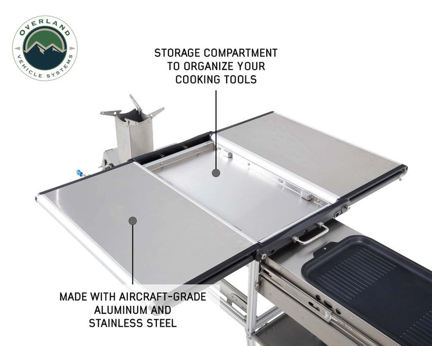 Overland Vehicle Systems 30100001 Komodo Camp Kitchen - Dual Grill, Skillet, Folding Shelves, and Rocket Tower - Stainless Steel - Recon Recovery