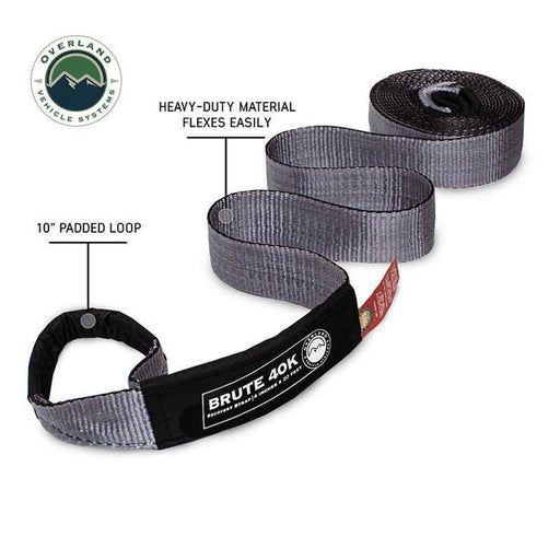 Overland Vehicle Systems 4" Tow Strap Gray with Black Ends + Storage Bag - Recon Recovery - Recon Recovery