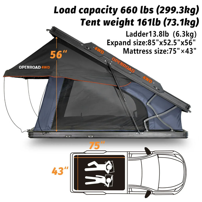 Openroad Aluminum Hard Shell X-Hinge Rooftop Tent with LED Lights - 4 Season - Recon Recovery