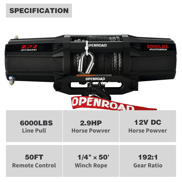 OPENROAD 6,000lbs 12V UTV SxS Wireless Electric Winch with Synthetic Rope - IP68 Rated - Recon Recovery