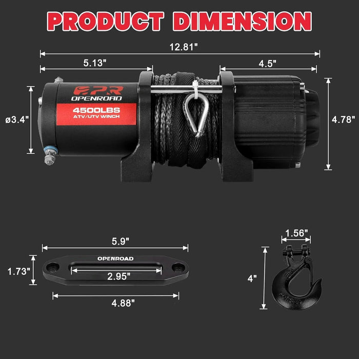 OPENROAD 4,500lbs 12V UTV SxS Wireless Electric Winch with Synthetic Rope - IP68 Rated - Recon Recovery