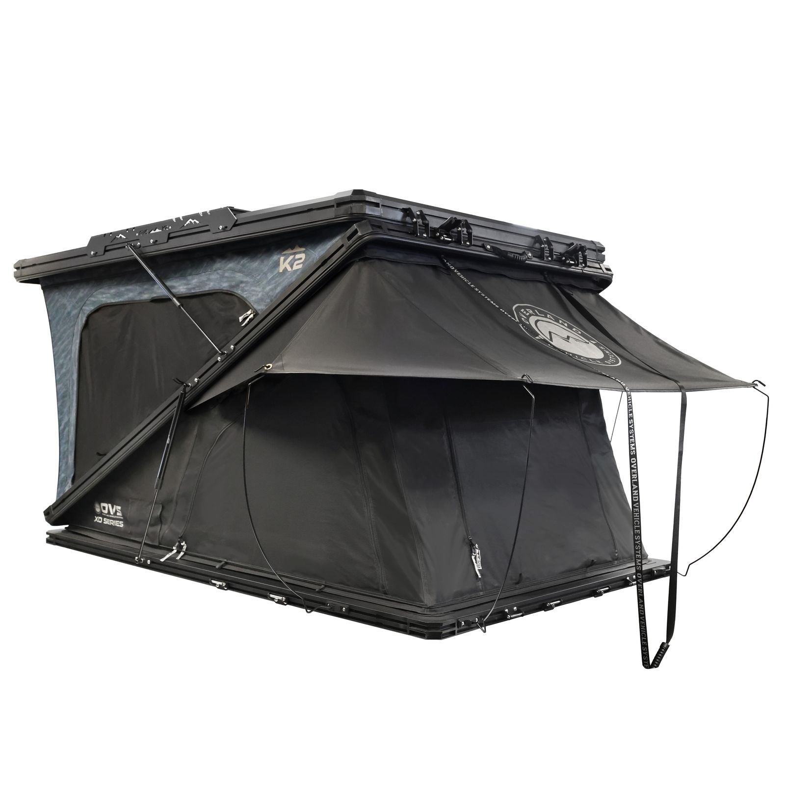 Overland Vehicle Systems XD K2 Dual Action Clam Shell 2 Person Aluminum Hard Shell Roof Top Tent, Blue Body & Black Rainfly