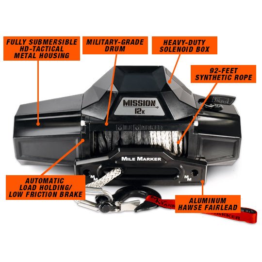Mile Marker Mission Series Winch – 12V Military - Grade 12,000 lb Synthetic Rope Winch - Recon Recovery