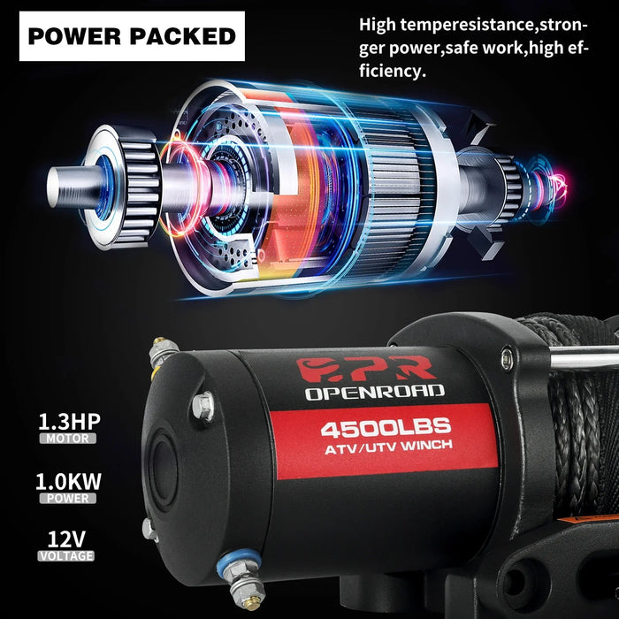 OPENROAD 4,500lbs 12V UTV SxS Wireless Electric Winch with Synthetic Rope - IP68 Rated - Recon Recovery
