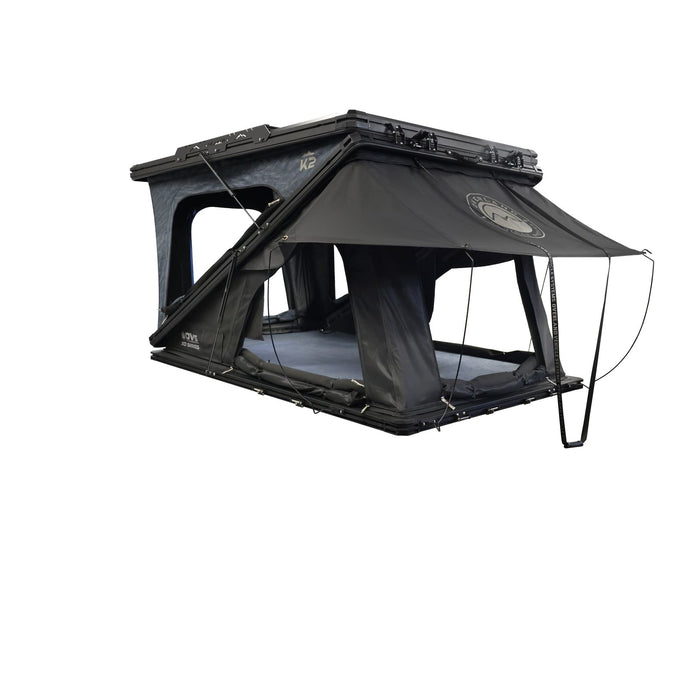 Overland Vehicle Systems XD K2 Dual Action Clam Shell 2 Person Aluminum Hard Shell Roof Top Tent, Blue Body & Black Rainfly
