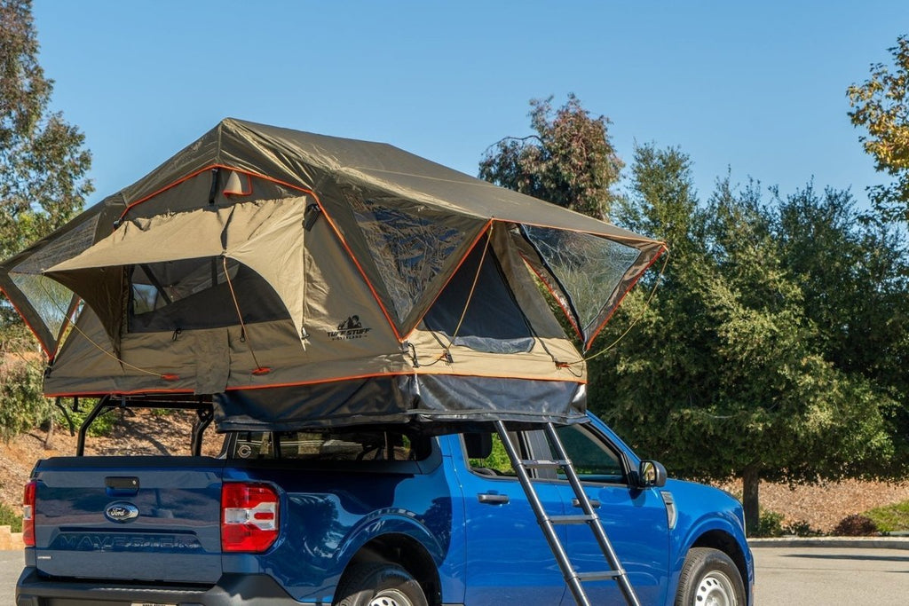 pickup tent topper Tuff Stuff Overland TS-1-3102OLV Trailhead Pro Roof Top Tent, 2 Person Folding Tent