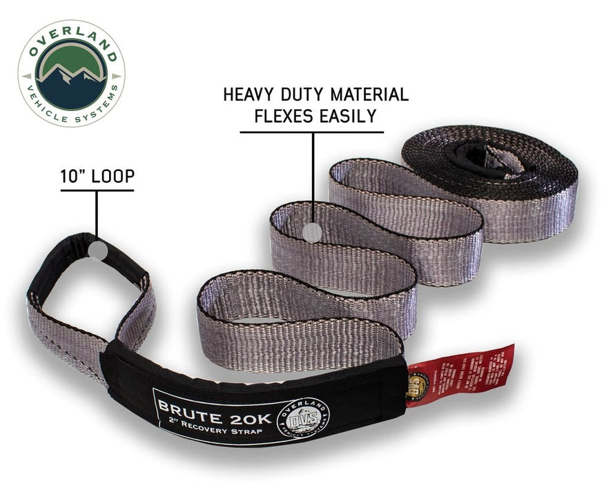 Overland Vehicle Systems 19059916 Tow Strap 20,000 lb 2 Inch x 30 Foot Gray With Black Ends & Storage Bag - Recon Recovery