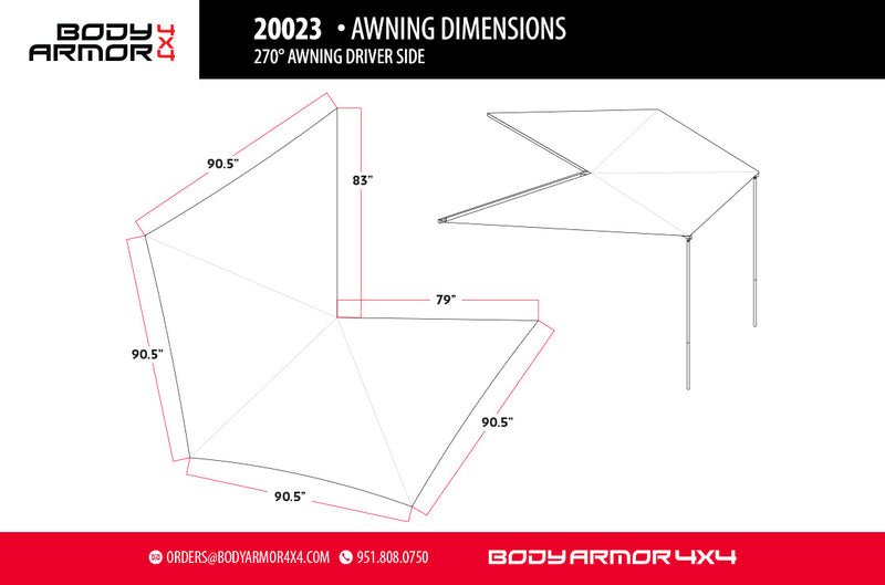 Body Armor 4x4 Sky Ridge 270 Awning with Mounting Brackets (80 sq ft. of Coverage) -7.3ft. - Recon Recovery