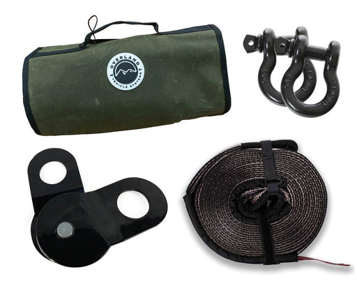 Overland Vehicle Systems 33-0501 Recovery Wrap Kit Including 20 Inch Tow Strap Pair of Black D-Rings Snatch Block and Canvas Bag - Recon Recovery