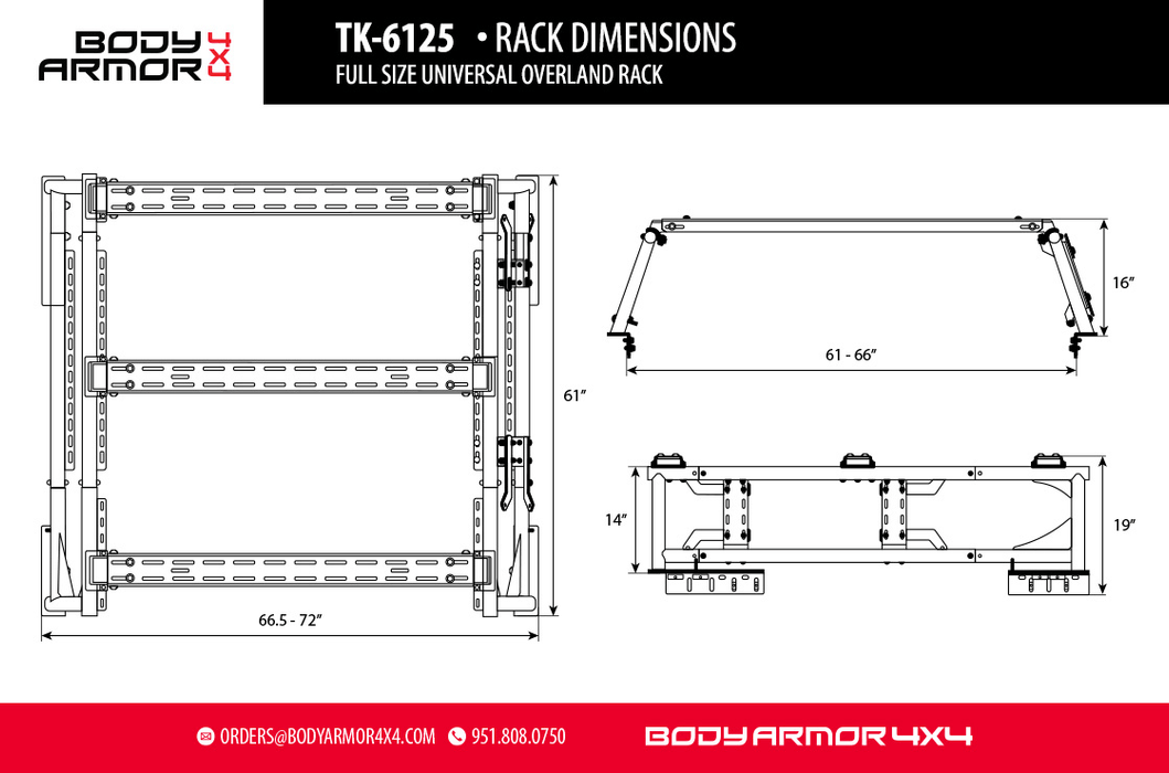 Body Armor TK-6125 Full Size Universal Overland Rack - Powder coated Black - Recon Recovery